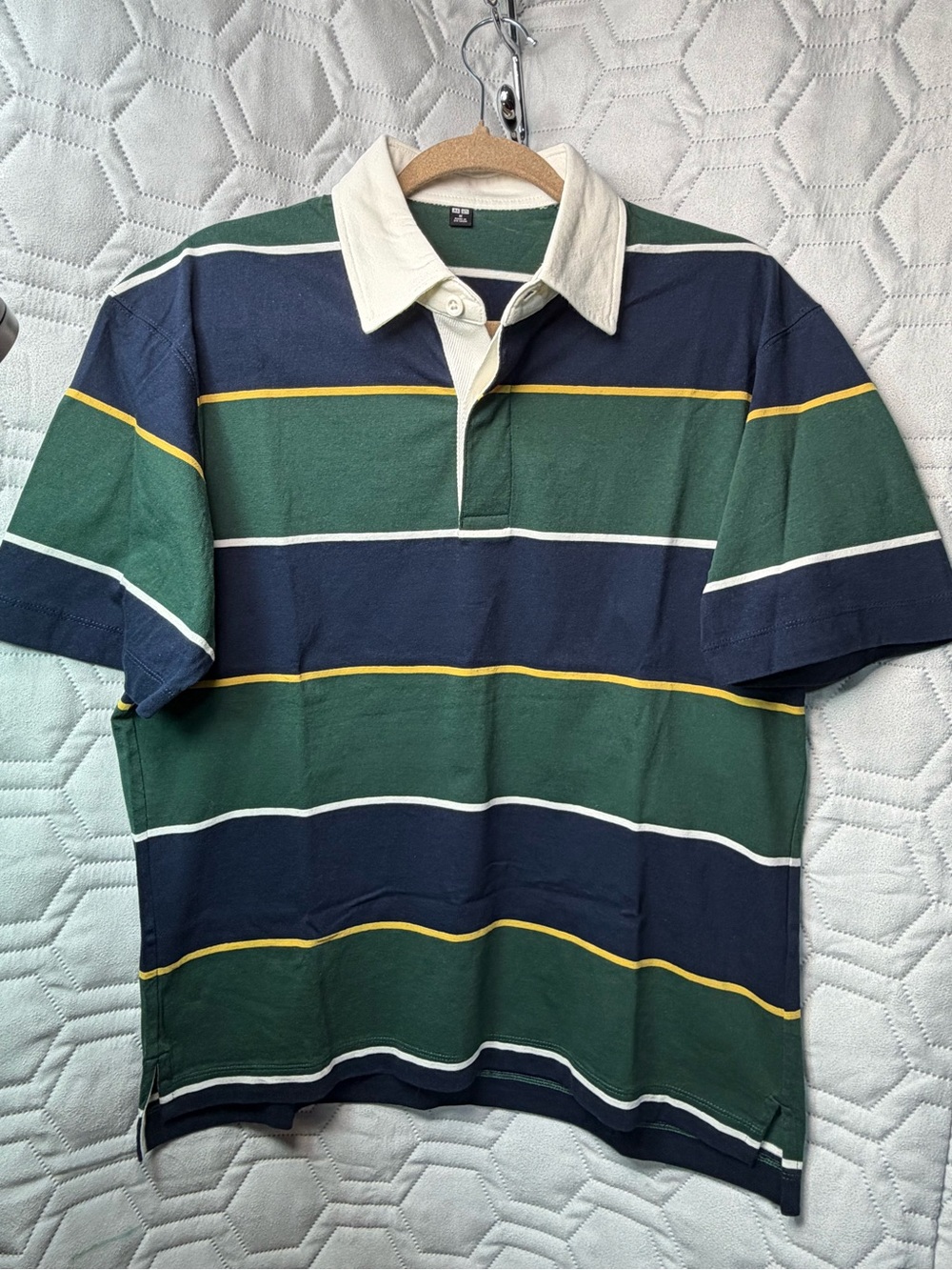 Uniqlo Green & Navy Striped Rugby Polo with Cream Collar Men’s Shirt